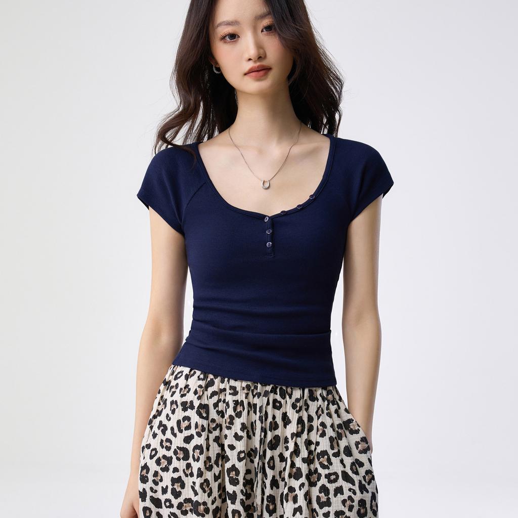 G Youkes, Henry V-neck semi-open button-up short-sleeved T-shirt women's summer fly-sleeved shoulder-plugged slim-fitting top