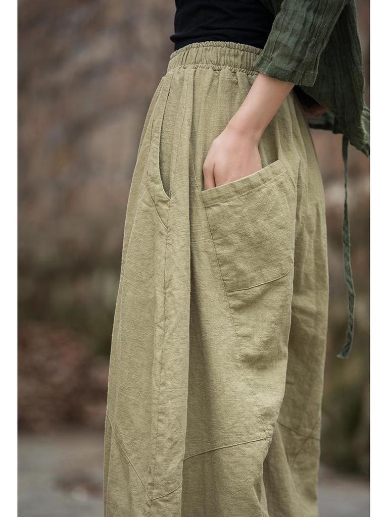 Damen Frühling Baumwolle-Leinen Locker Geschnitten Ramie Laternenhose