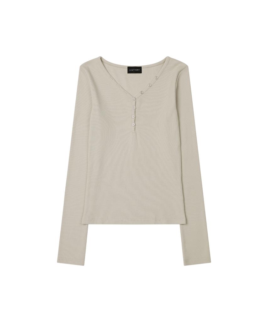 Ledeoli Button-Up Ribbed V-Neck Long Sleeve [Grey]