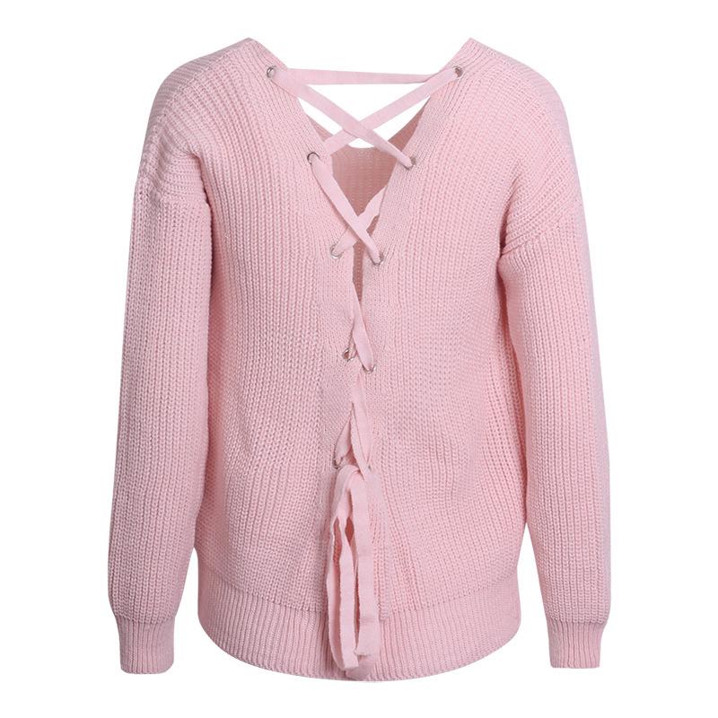 European Style V-neck Crossover Open Back Knitwear Sweater - Solid Color Women's Pullover Outerwear Base Layer