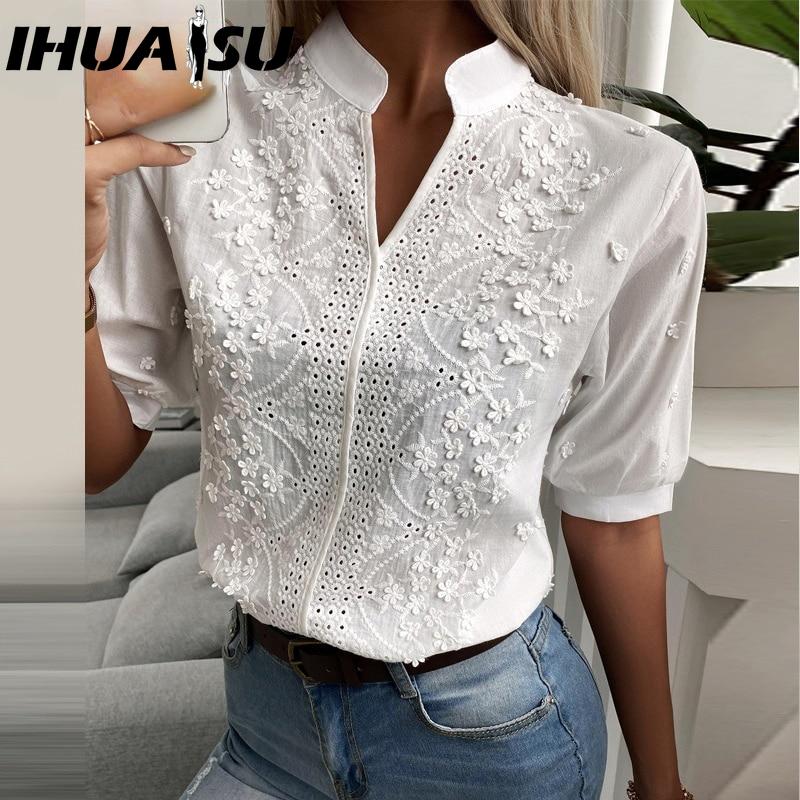 IHUASU Women's Fashion Casual Solid Color Print Short Sleeve V Neck Blouses & Shirts