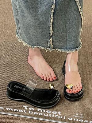Muffin Thick-soled Wedge Sandals Women's Outer Wear 2025 Summer New Internet Celebrity Transparent One-word Strap Toe Fashion Sandals