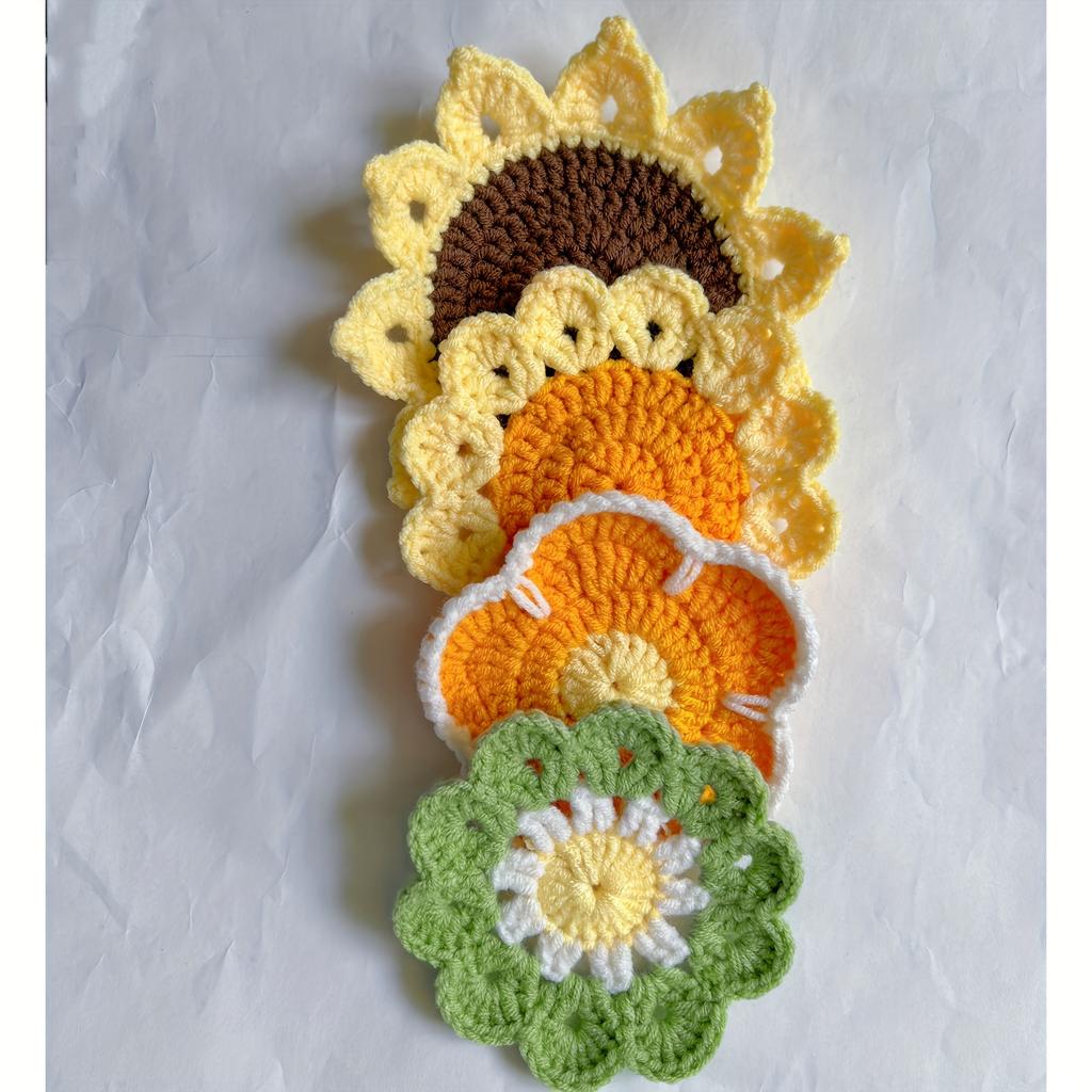 Handmade Sunflower Coasters, Crochet Exquisite Heat Insulation Mats with Meal Mats, For Cups of Different Sizes, Home Decor