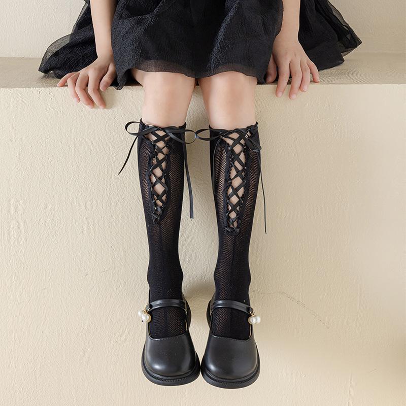 Girls Spring and Summer Lace Calf Socks Lolita Lace-up Bow Pink Girl Baby Pile Socks