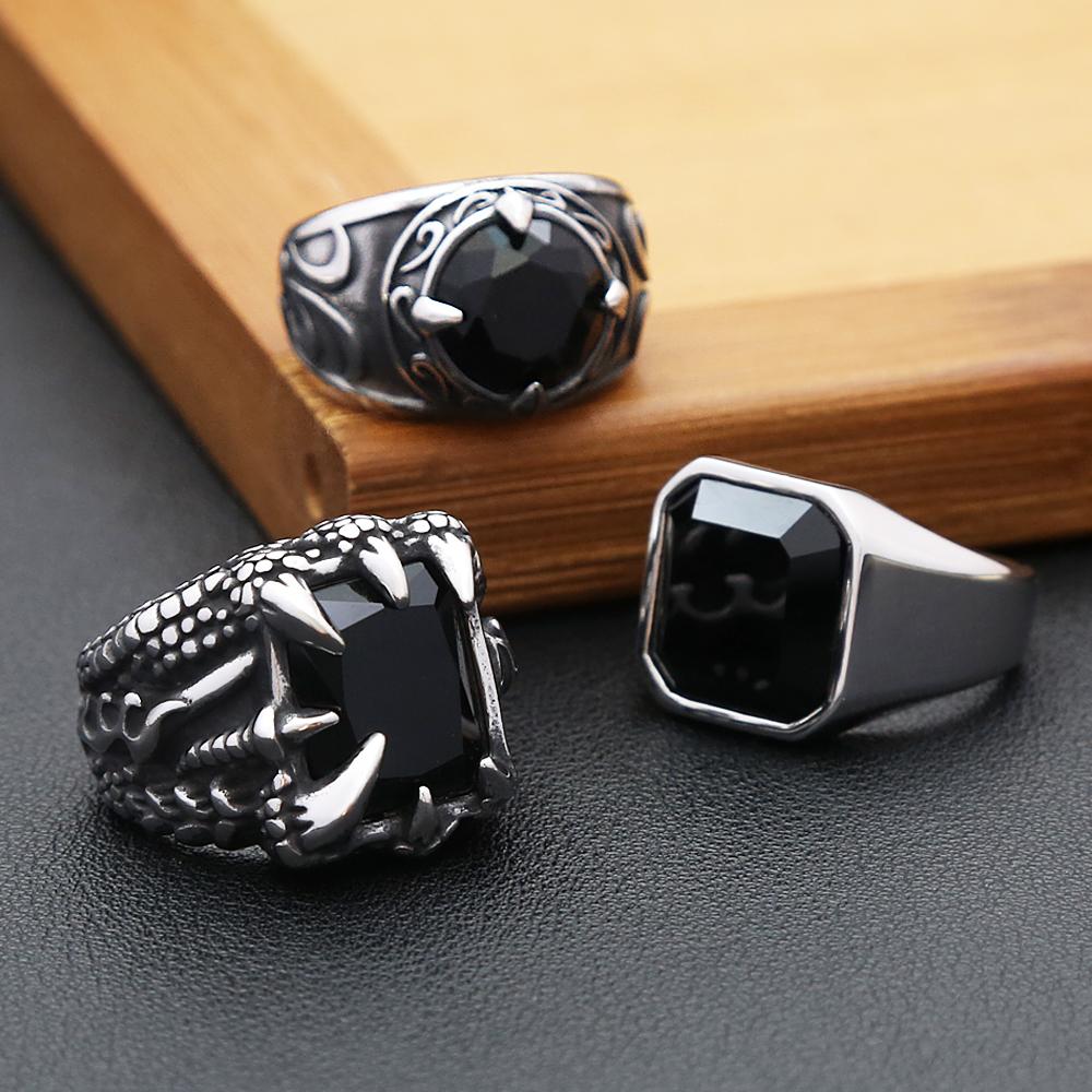 Gothic Vintage Dragon Claw Ring Punk Hip Hop Stainless Steel Black Stone Rings For Men Women Party Jewelry Accessories