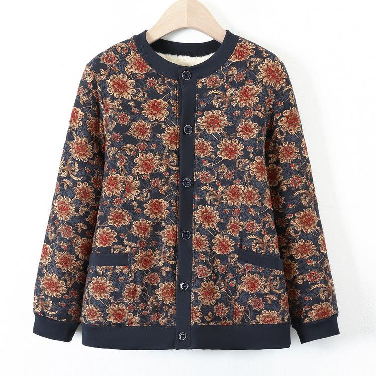 Abrigo de Algodón para Mujeres de Mediana Edad y Ancianas con Terciopelo Cálido Chaqueta de Algodón Floral para Madre para Invierno Nuevo Cárdigan Base Chaqueta de Algodón Floral Pequeño