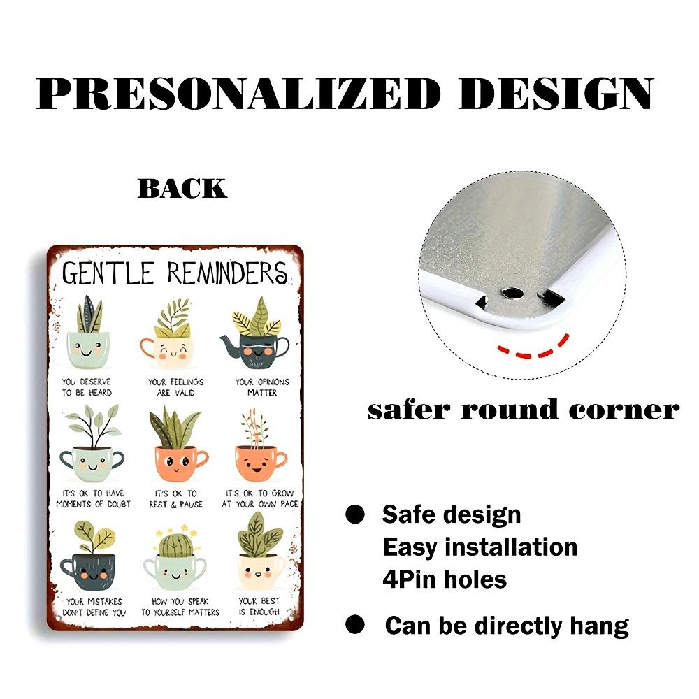Gentle Reminders Motivational Metal Tin Sign | Cute Potted Plants Design 8x12 Inch | Inspirational Wall Decor for Home