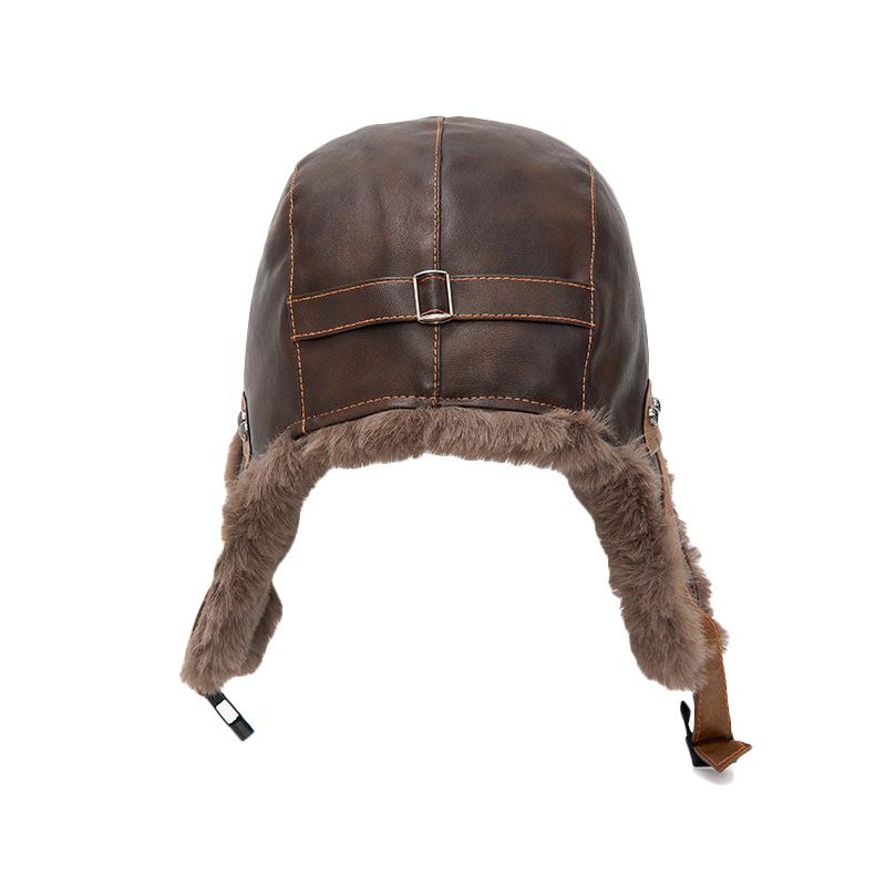 PU Pilot Bomber Hat Men Autumn Winter Warm Plush Thick Cycling Windproof Ear Protection Cap