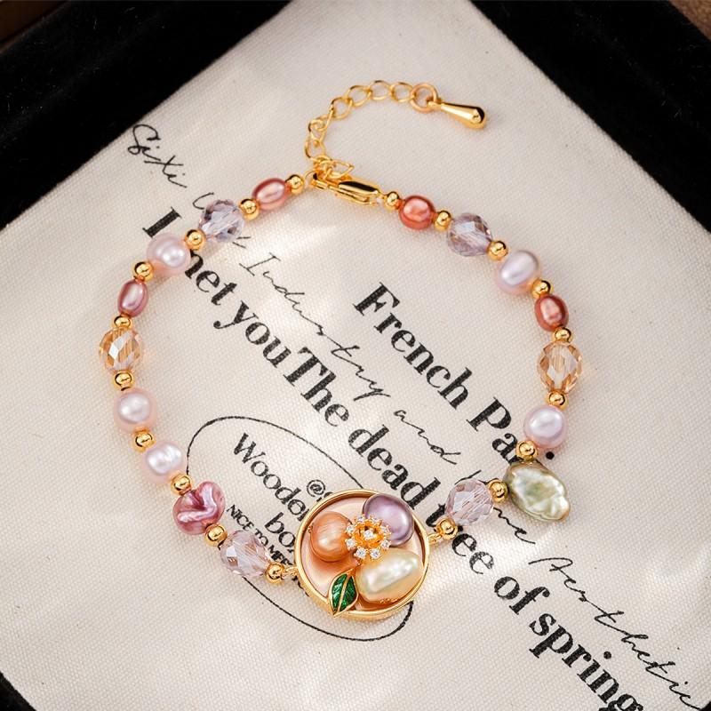 Handmade Floral Pearl Bracelet Women With Freshwater 18K Gold Plated Alloy Sweet Elegant Jewelry Accessory