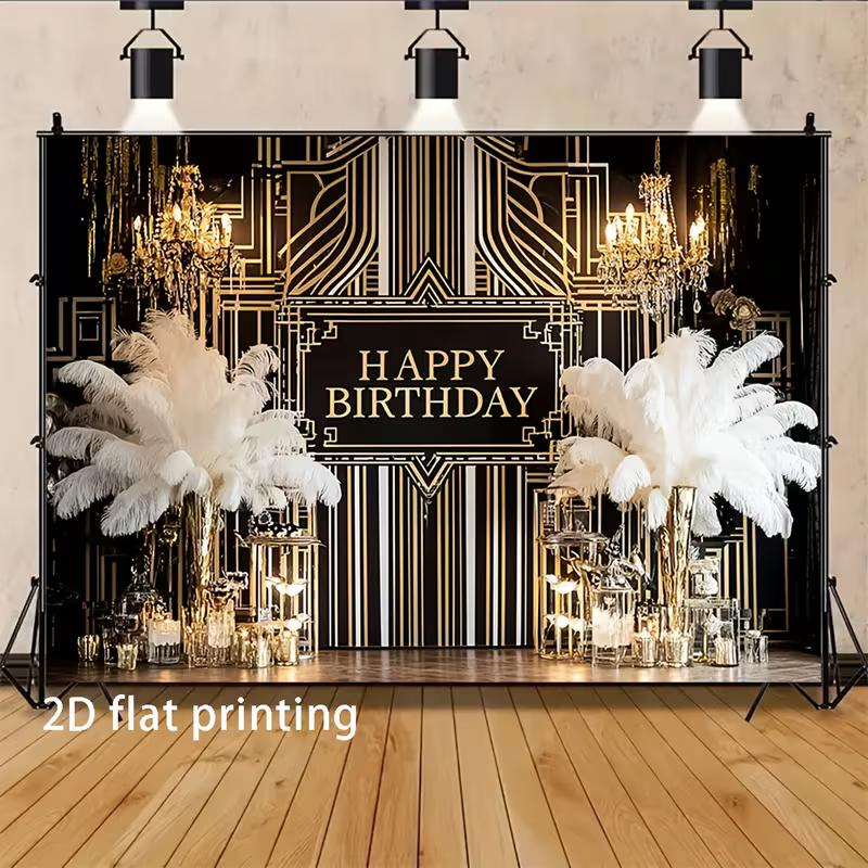 Sfondo 2D Art Déco Buon Compleanno, Decorazioni Festa Gatsby Nero Oro