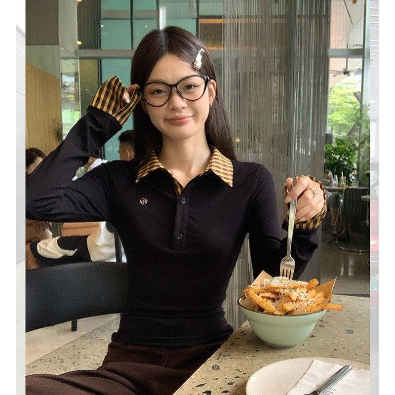 

Весна Осень Клетчатый Пэчворк Имитация Двойки Женская Футболка с Длинным Рукавом Водолазка Все-сочетаемая Пуловер Футболка Топ S жёлтый