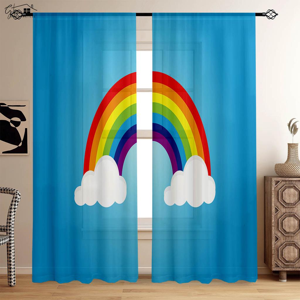 Rainbow Printed Curtains Colorful Cartoon Pattern 100% Polyester Rod Pocket Curtains Kids Room Living Room Decorative Curtains