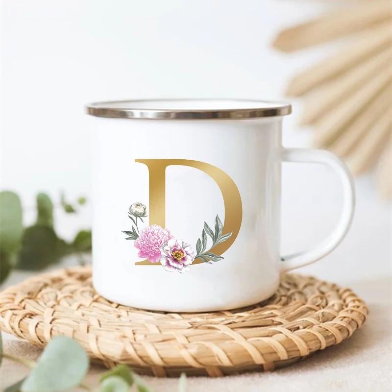Letter Floral Print Vintage Enamel Mugs Creative Coffee Tea Cup Drink Dessert Milk Cups Handle Drinkware Wedding Bridesmaid Gift