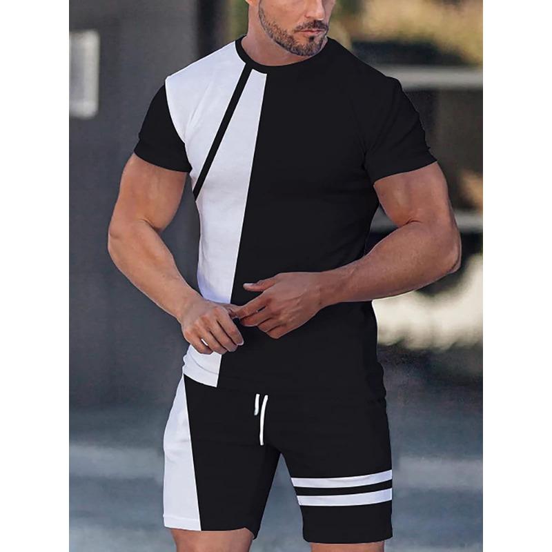 Patchwork Printing Mens 2 Pieces Casual Fashion T-shirt Set Workout Tracksuit Shirt And Shorts Set Sport Summer Outfit Sets