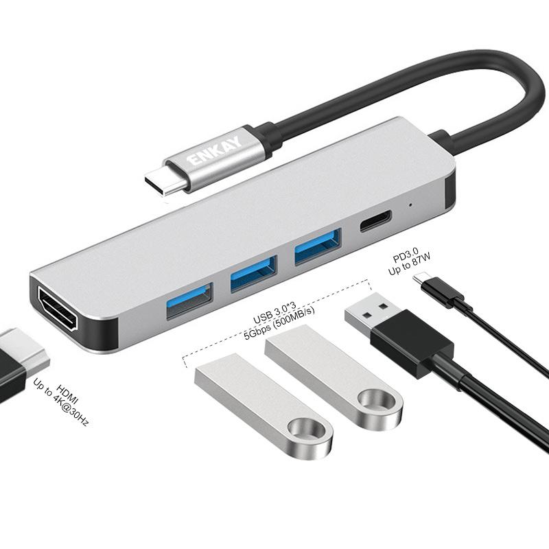 

ENKAY HAT PRINCE 5-in-1 Type-C Hub to 4K HD Video Output+3xUSB3.0+PD Fast Charging USB-C Dock Station for Laptop PC As Shown A