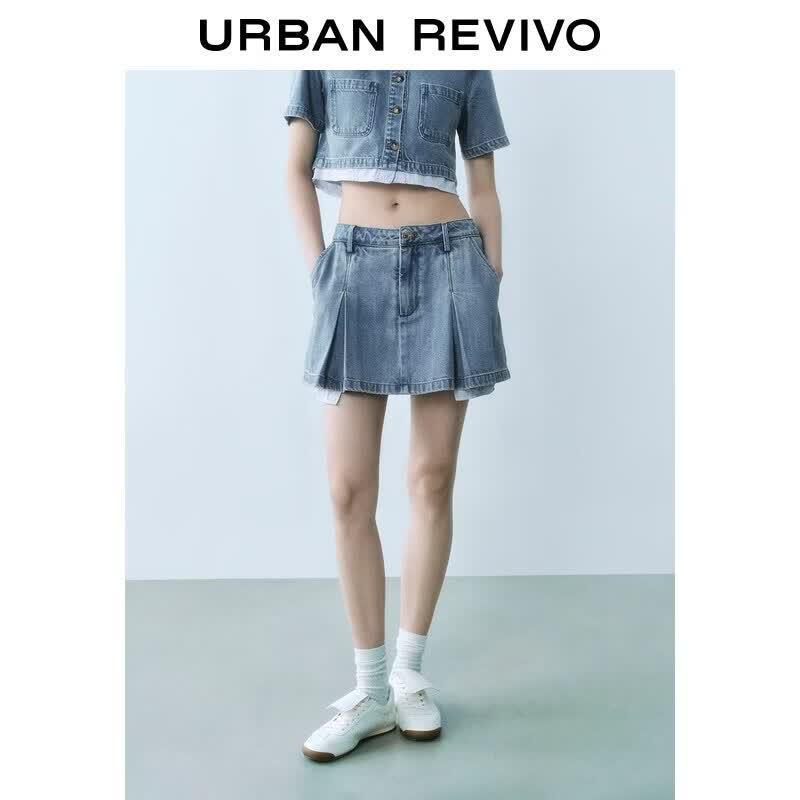 UR Retro Colorblock Pleated Denim Skirt XS