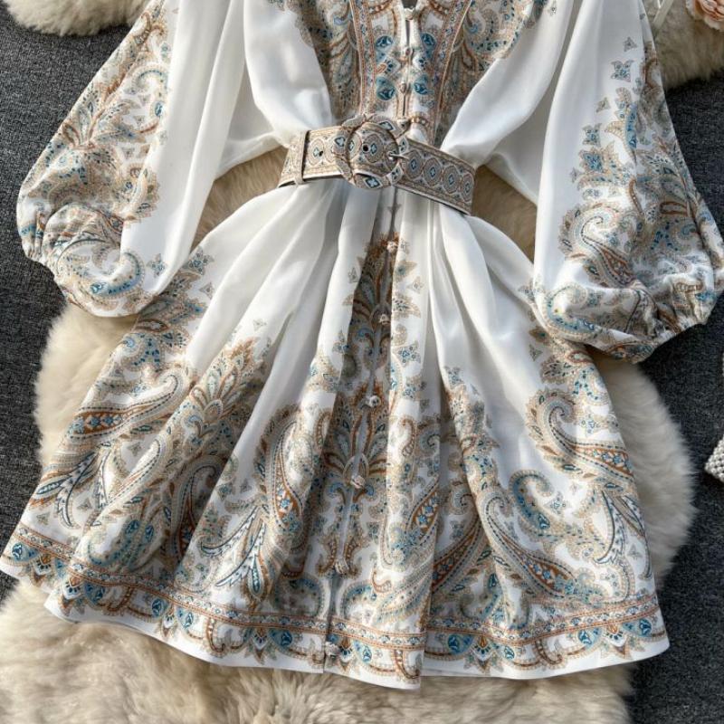 Court Style Retro Printing One Piece Dress Women V-neck Elegant Short Party Dresses Female French Belt High Waist Chic Dress Vacation