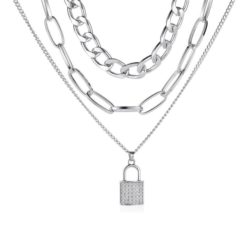 European & American Punk Style Multi-Layer Necklace with Lock Pendant