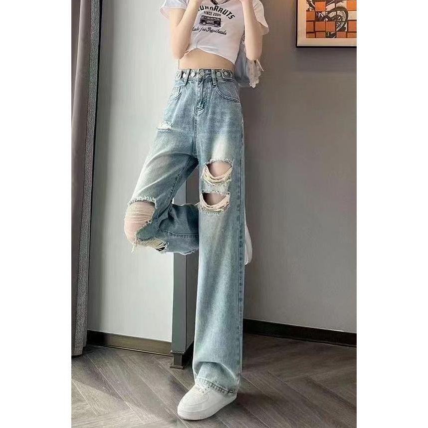 Women's Plus Size High Waist Ripped Jeans, Spring 2025 - Wide Leg, Floor Length, Straight Fit