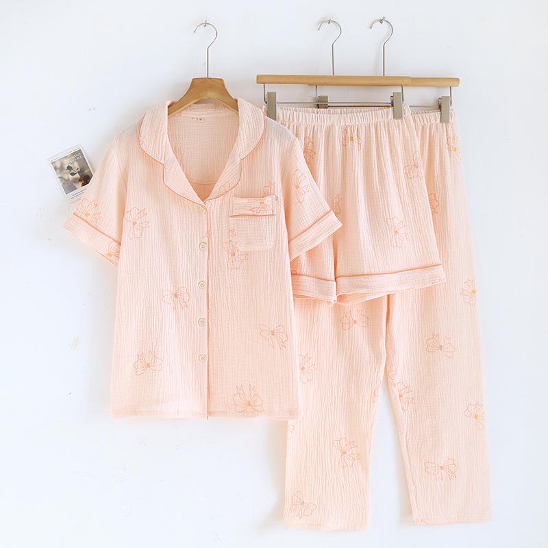 2026 New Spring/Summer Women's Pajama Set 100% Cotton Crepe Short Sleeve+Shorts+Pants 3-Piece Thin cardigan Home Clothes Ladies