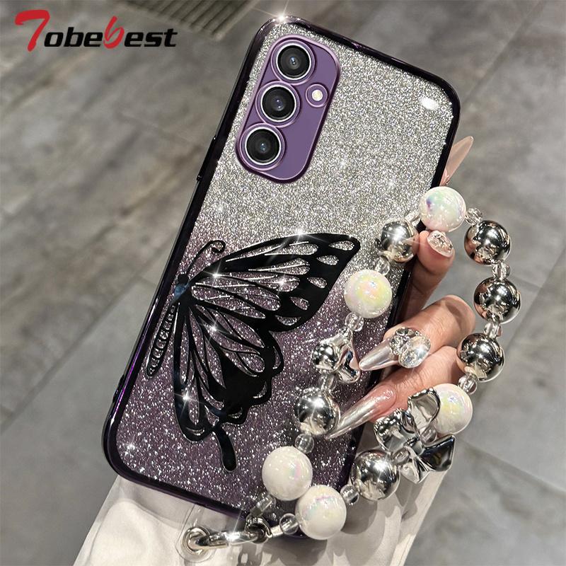 

Laser Butterfly Glitter Plating Bracelet Case For Samsung Galaxy M55 M54 M53 M52 M51 M23 M14 M34 M33 M31 Silicone Cover M31 фиолетовый