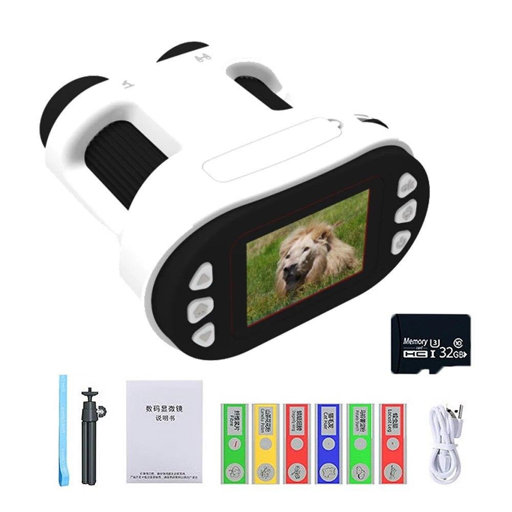 

2-в-1 портативный цифровой видеобиологический микроскоп телескоп комплект 1080p 1000x бинокулярная лупа камера для наружного кемпинга With 32G Card