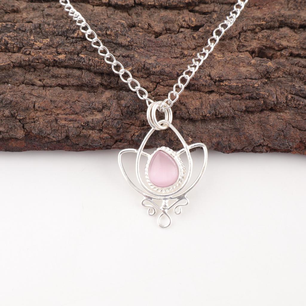 Pink Cat's Eye Gemstone 925 Solid Silver Jewelry Handmade Pendant Gift For Wife PP-38-49
