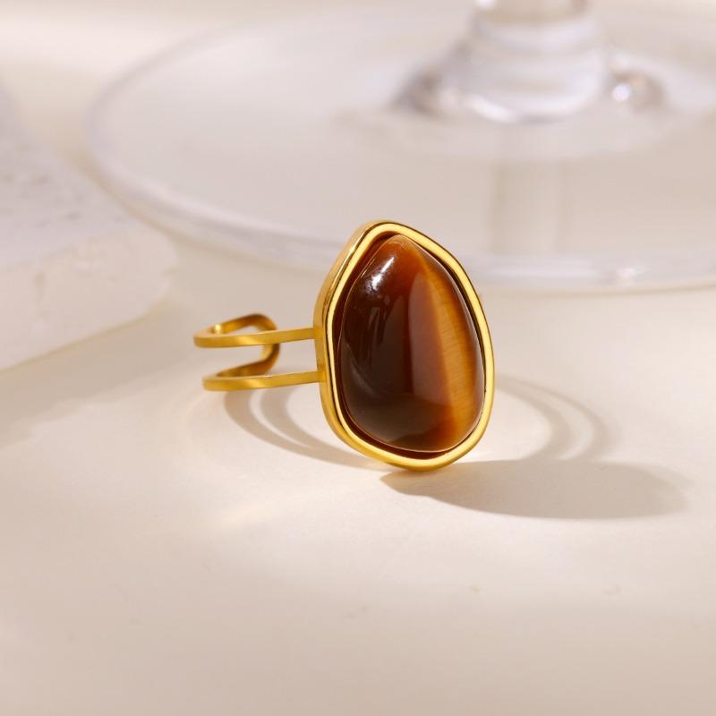 Stylish and Simple Tiger's Eye Stone Opening Adjustable Ring Retro Temperament Stainless Steel Gold-plated Jewelry Ring Versatile Woman