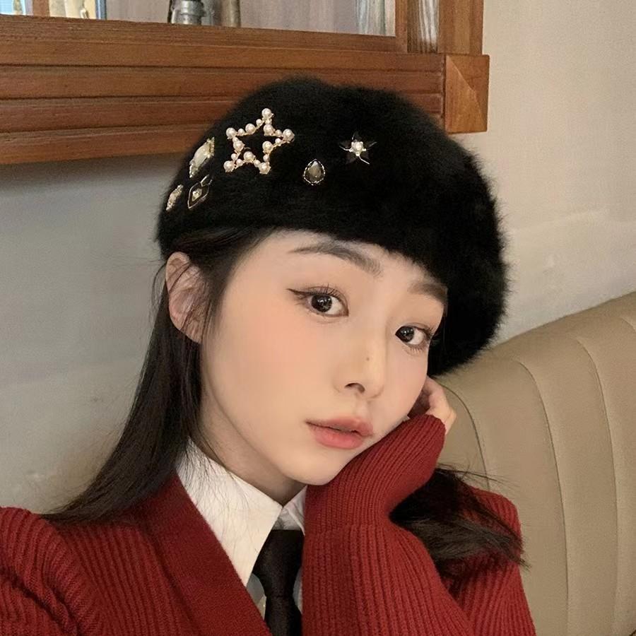 Heavy Industry Rhinestone Beret Women's Autumn and Winter Warm Plush Painter Hat Fashion Versatile Bud Hat Forward Hat Tide