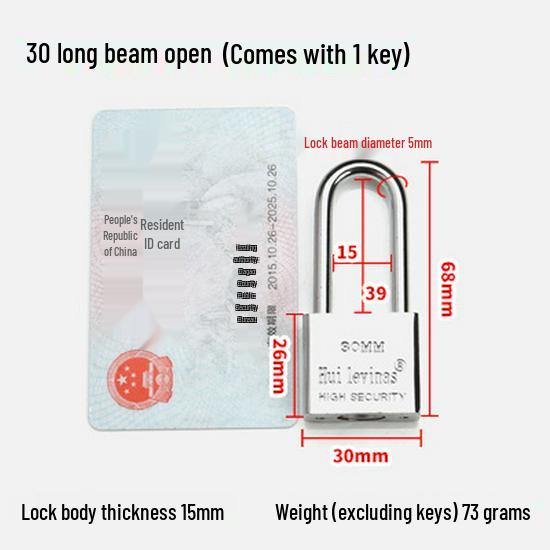 Blade-Shaped Stainless Steel Padlock, Square Head, 30mm, Ideal for Doors, Dorm Rooms, Cabinets, Long-Shank Anti-Theft Design.