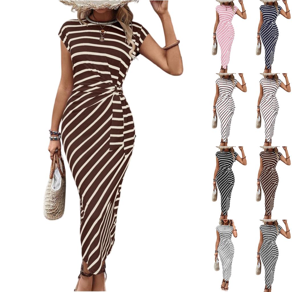 Damen gestreiftes Taillenband Kurzarm Rundhals Langes Kleid Lässiges Sommer Maxikleid mit verstellbarem Bund
