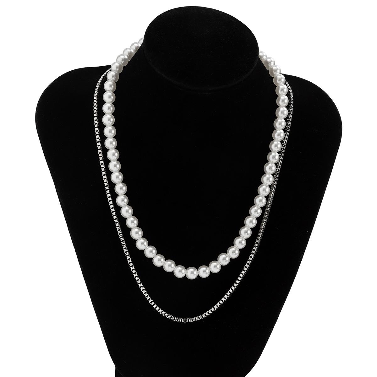 Trendy Hip-Hop Style Geometric Box Chain Layered Imitation Pearl Double Layer Necklace Fashionable Personality Men s Necklace Silver 02823