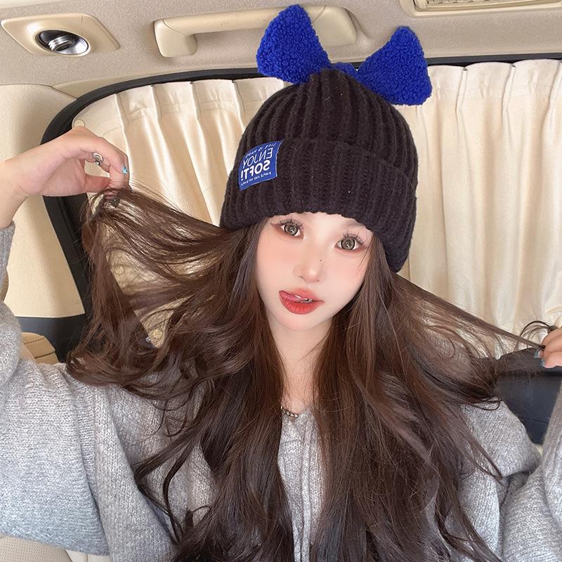 Autumn and Winter Candy Color Bow Wool Hat for Women Korean Style Versatile Face Showing Small Warm Knitted Hat for Students Sweet Cold Hat