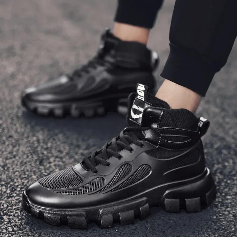 Black Men Boots Non Slip Winter Plus Velvet Outdoor Shoes for Men Round Shape Boots Leather Boots Black High Gang Platform Boots