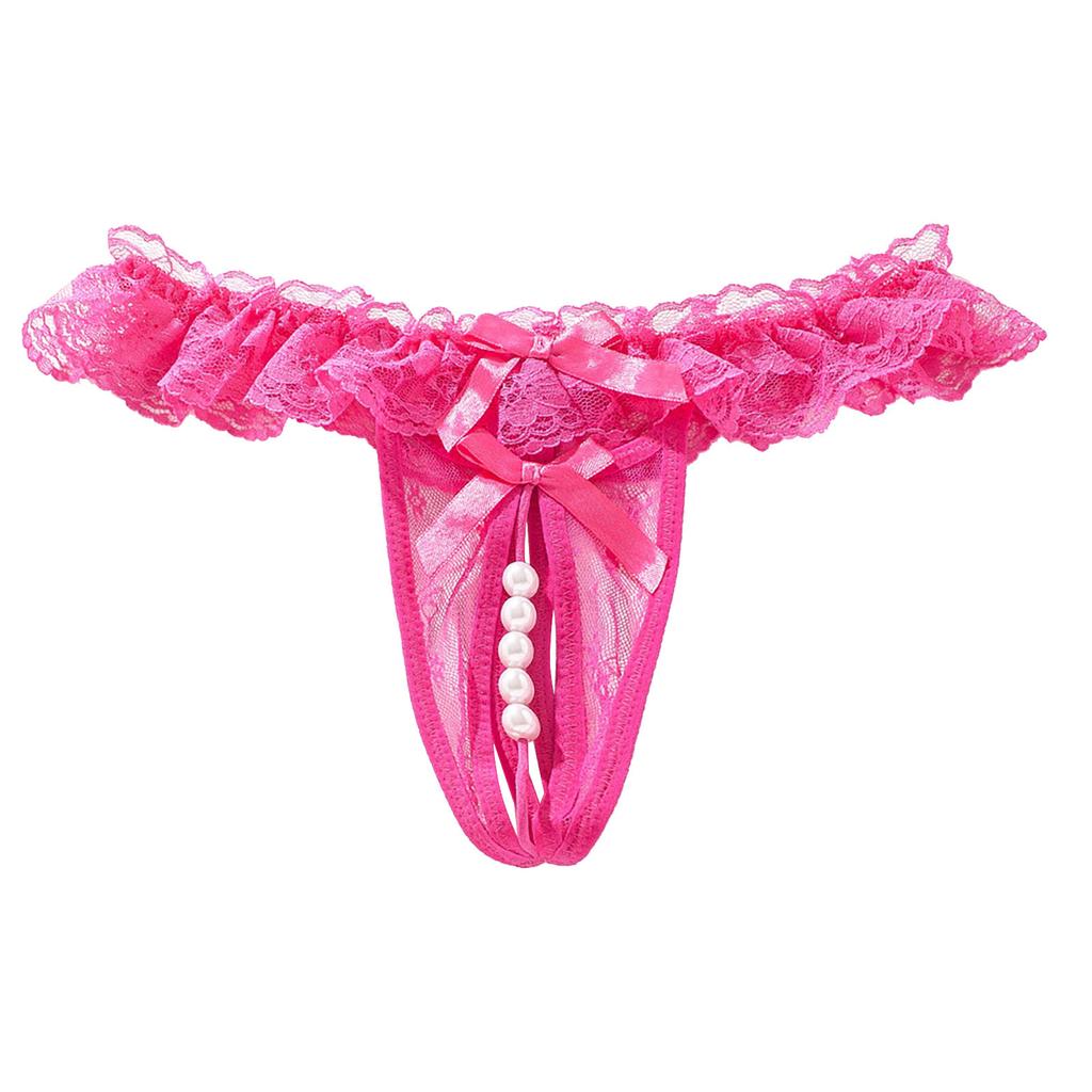 Women Lace Open Crotch Thong Hollow Out Sexy Pearl Massage Transparent Lace Panties Low Waist Sexy Lingerie T-Back Porn G-String