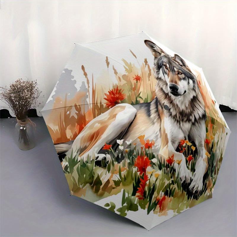 1pc Wild Wolf amidst Autumnal Wildflowers Durable Cartoon Folding Umbrella,Compact Umbrella for Men and Women, Suitable for Travel or Daily Use.C032
