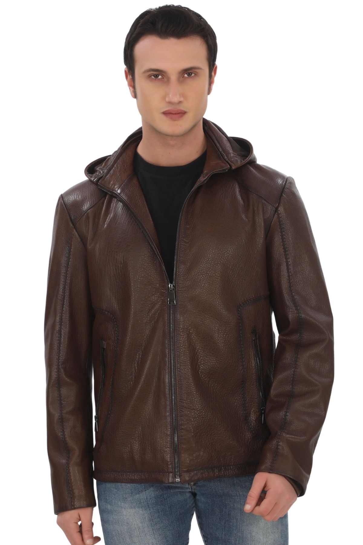

Men s Removable Hooded Genuine Lambskin Jacket Brown Zippered Casual Leather Coat 2XL коричневий