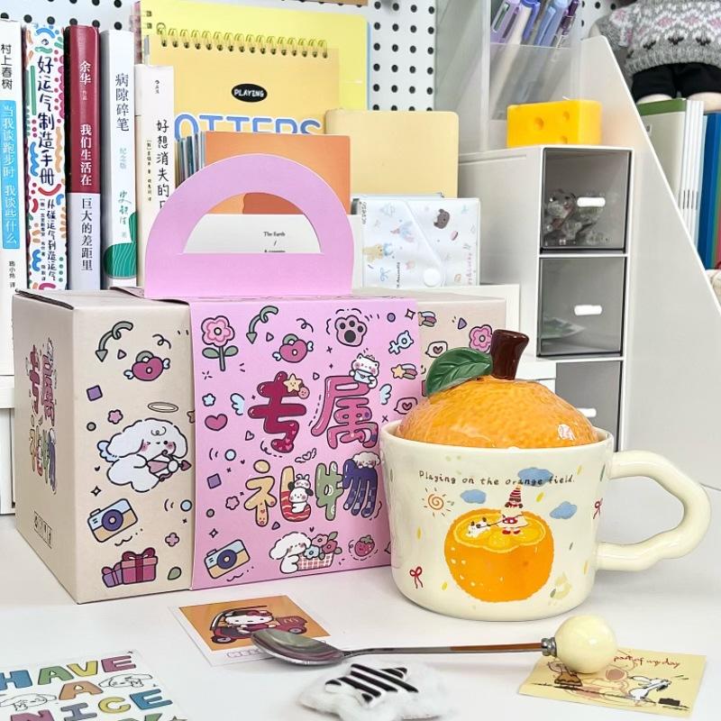 New Year's Gift Cute Orange Water Cup Boys and Girls Souvenir Gift Box High Value Ceramic Mug with Lid Spoon