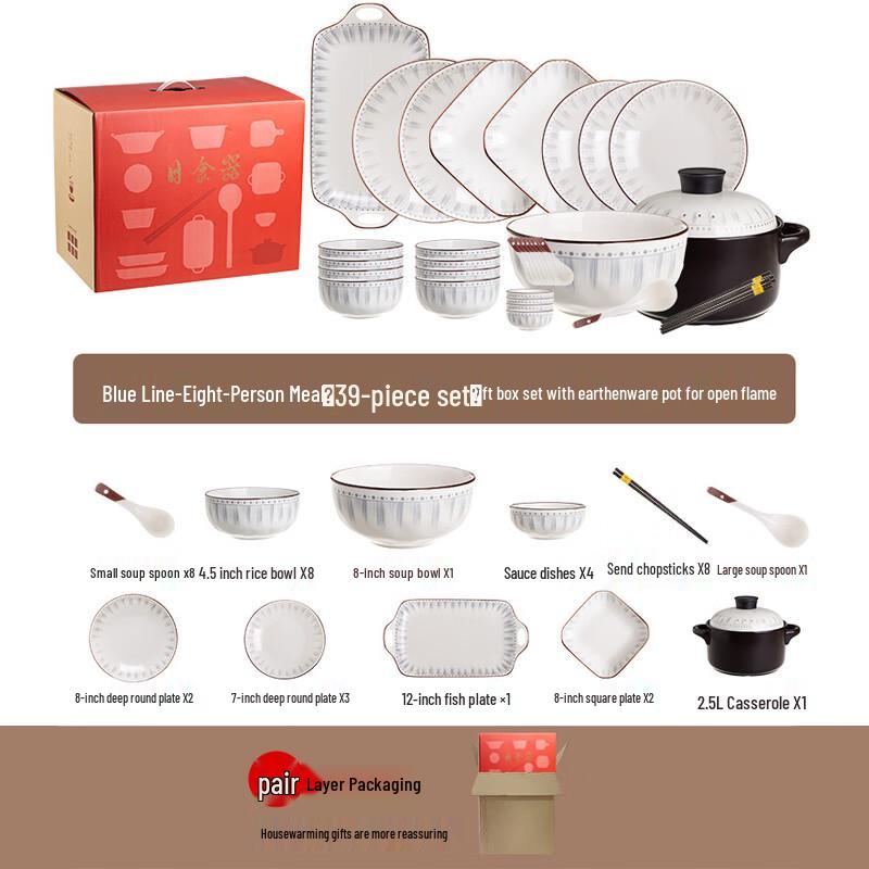 Japanese Style Blue Stripe Ceramic Dinnerware Set for 8 (39-Piece with Casserole)