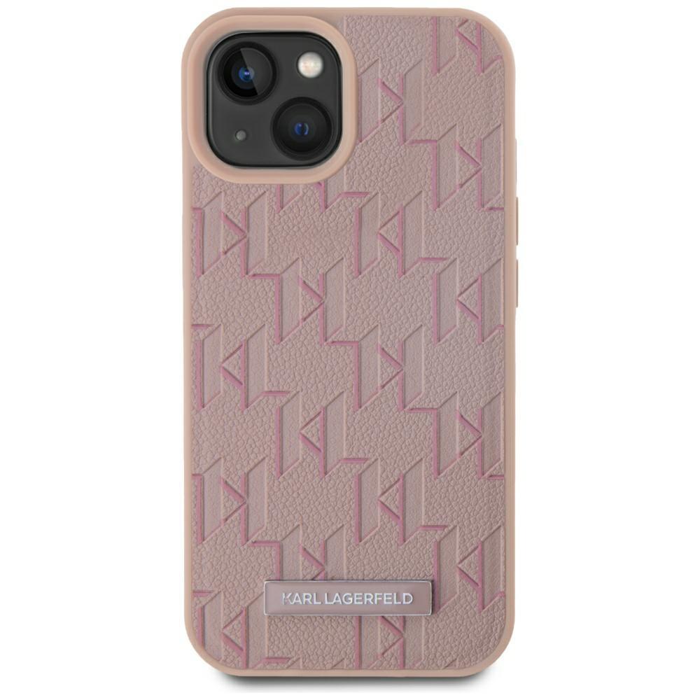 Karl Lagerfeld Leather Monogram Metal Logo MagSafe Case for iPhone 15 Pink