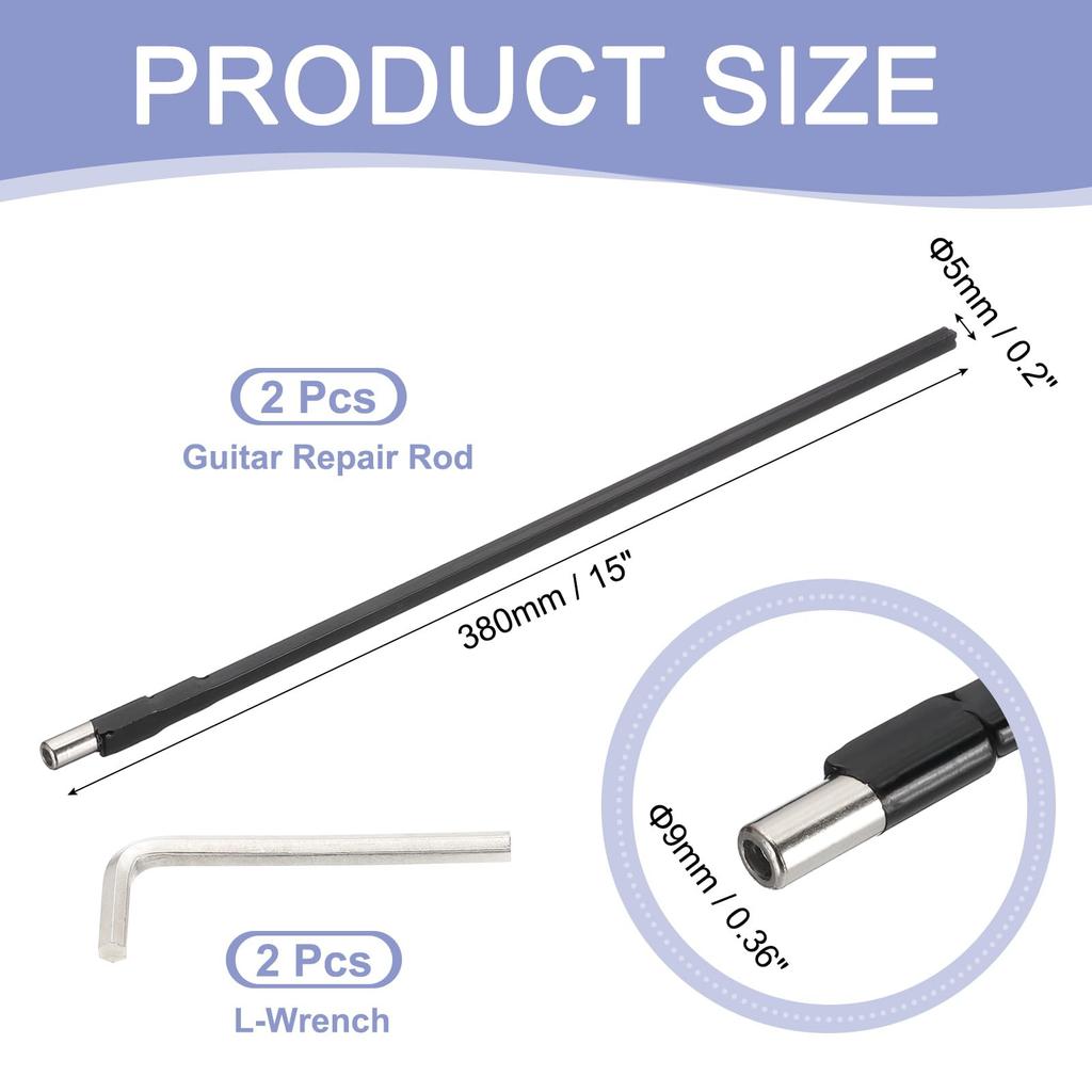 Uxcell 380mm Thin Guitar Lever with 4mm Tool for Electroacoustic Repair and Pack of 2 Bi-Directional L-Wrench, Tuner's Bass, Adjustment, Black,