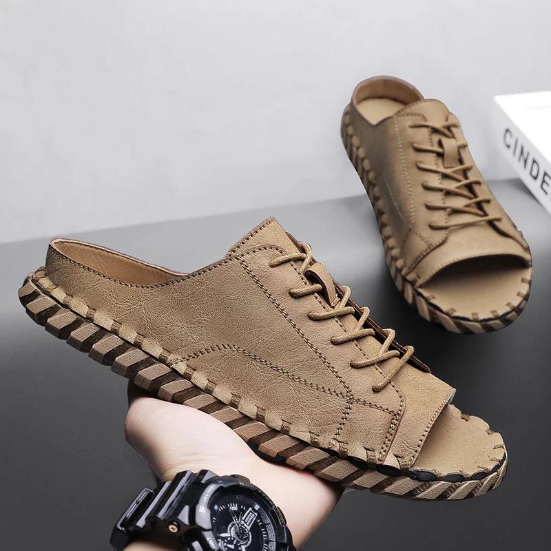 New New Casual Top Leather Slippers Handmade with Personalized Lace Up and Super Fiber Leather Sandals Plus Size 39-46
