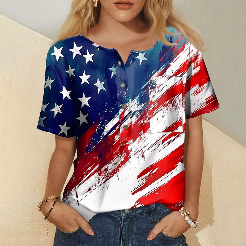 Women's Fashion Casual Short Sleeve Print Round Neck Pullover Top Blouse