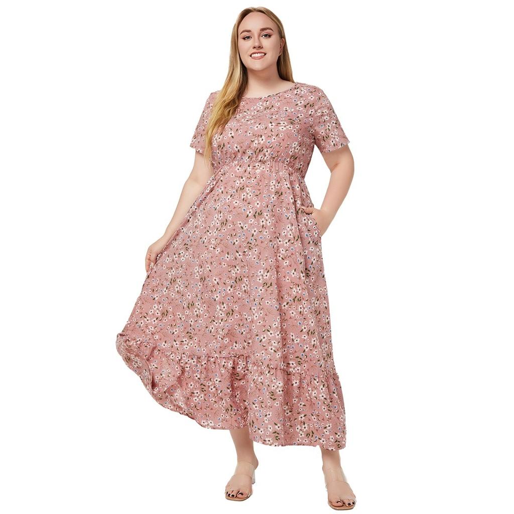 Fashionable and Versatile Plus Size Dress with Short Sleeves and Printed Pocket