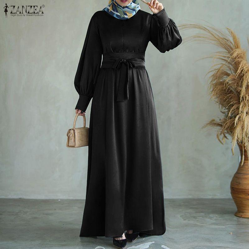 ZANZEA Women Casual Stand Collar Loose Long Sleeve Satin Dress