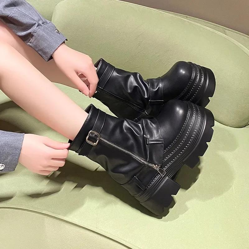 10CM Damen Herbst Winter Leder Stiefeletten Absätze Klobige Plateaustiefel Neue Rutschfeste Motorradschuhe Frau Punk Stiefel