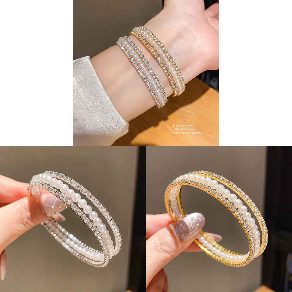 Pearl Beaded Threelayer Open Bracelet With Rhinestone Embellishments For Elegant Womens Jewelry