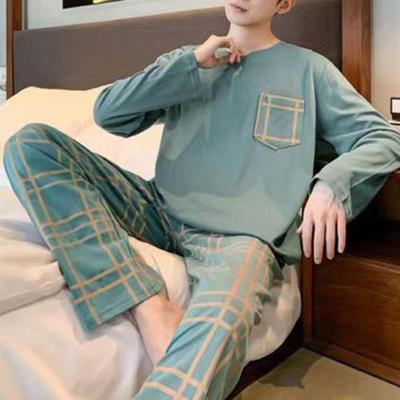 2Pcs/Set Men Pajamas Set Autumn O-neck Long Sleeve Plaid Letter Print Tops Elastic Waist