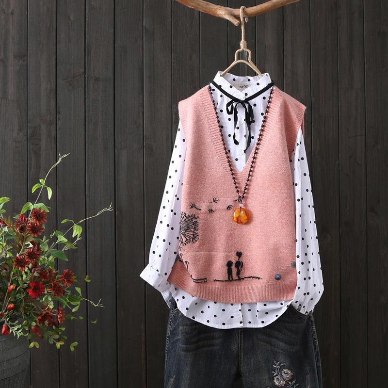

Knitted Vest Waistcoat Embroidered Vest Knitted Waistcoat Loose Sleeveless Sweater for Women In Autumn and Winter M розовый