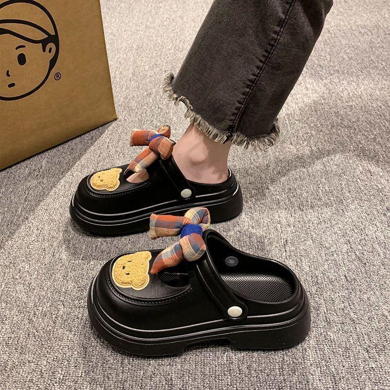 Non-slip Bow Outer Wear Cute Hole Shoes 2025 Summer New Fashion Platform Shoes Beach Bag Head Slippers Women
